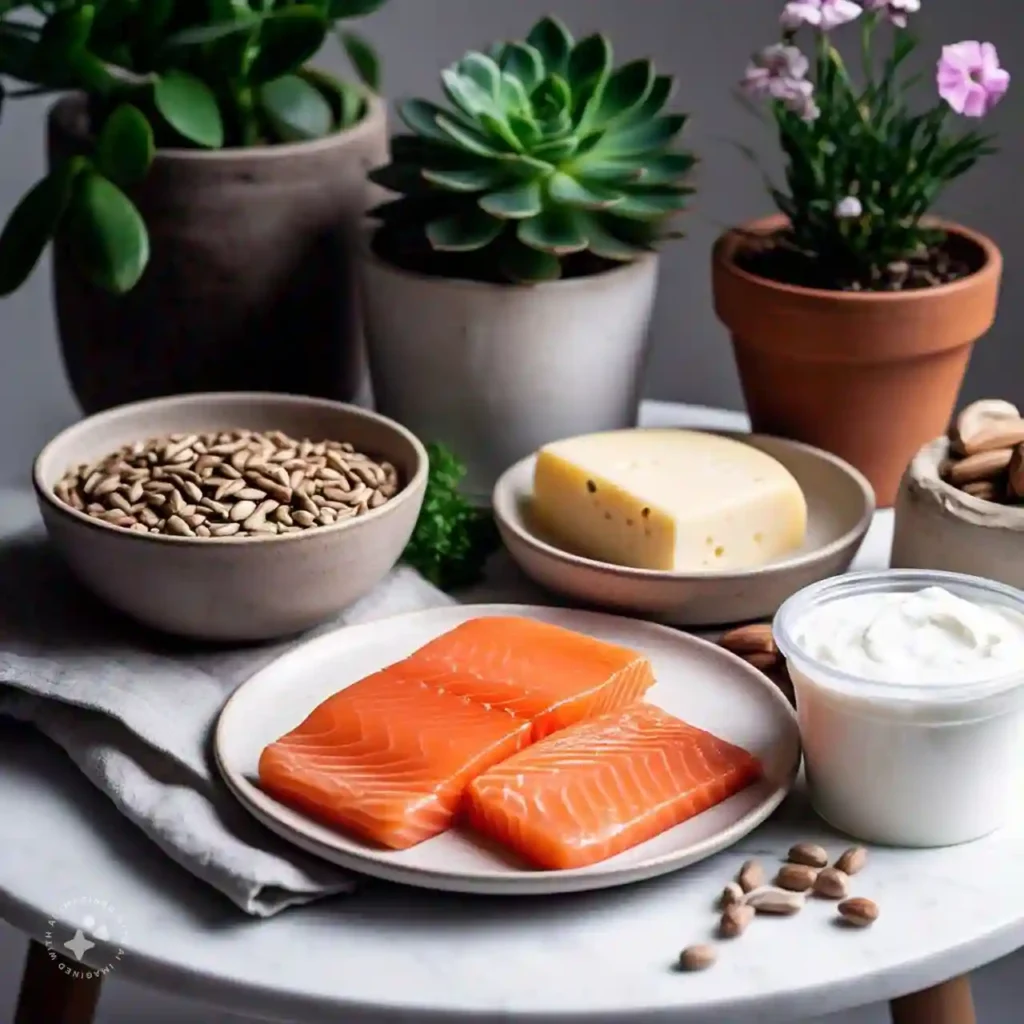 Fish, dairy, and nuts supporting thyroid health, an essential part of a diet for hormonal health.