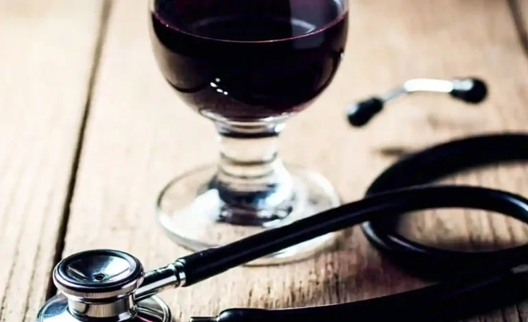 Glass of red wine with a stethoscope, representing the relationship between alcohol and heart health. Focus on the impact of alcohol on heart.