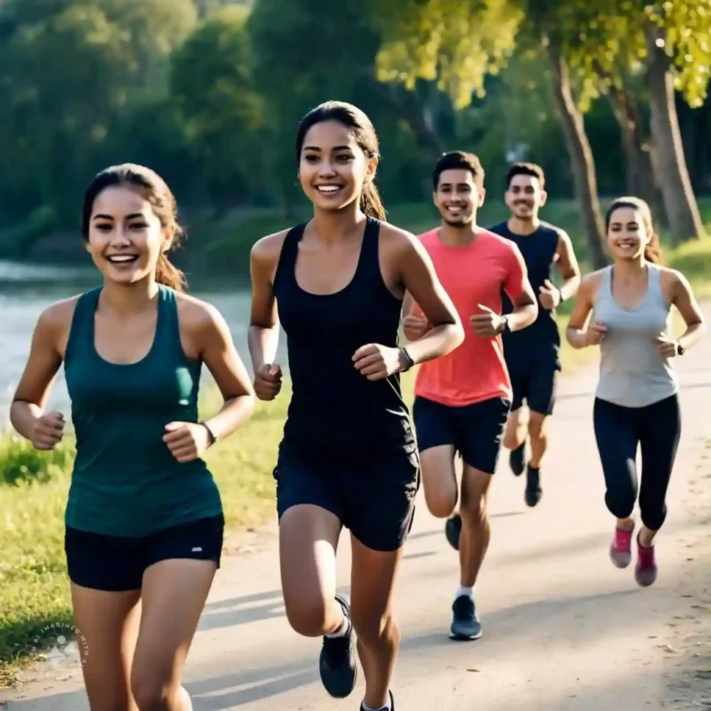 Group of friends jogging along a scenic riverside trail, showcasing the mood-boosting benefits of physical activity for mental health.