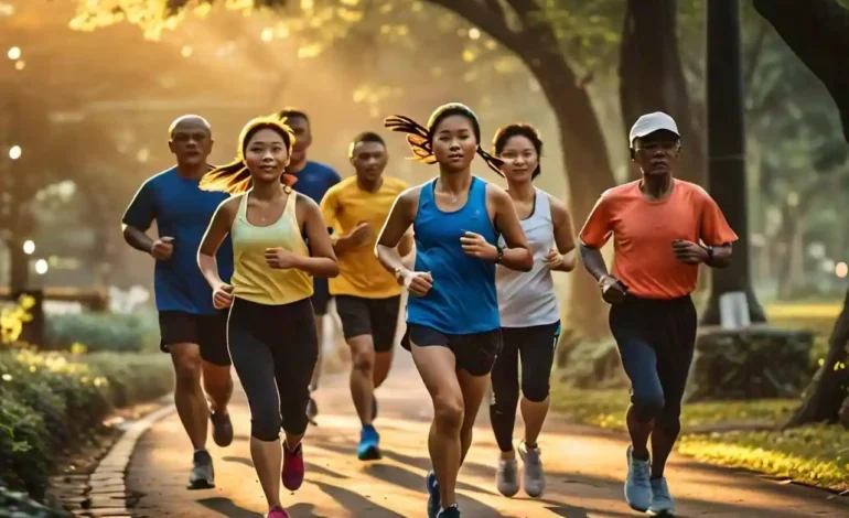 Group of people jogging in a park at sunrise, symbolizing the benefits of regular physical activity for heart health.