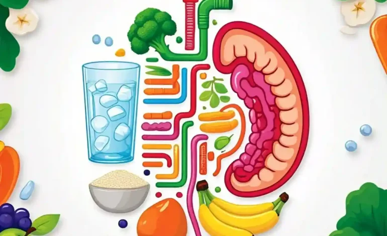 Healthy digestive system with fruits, vegetables, whole grains, and water, representing tips to deal with constipation.