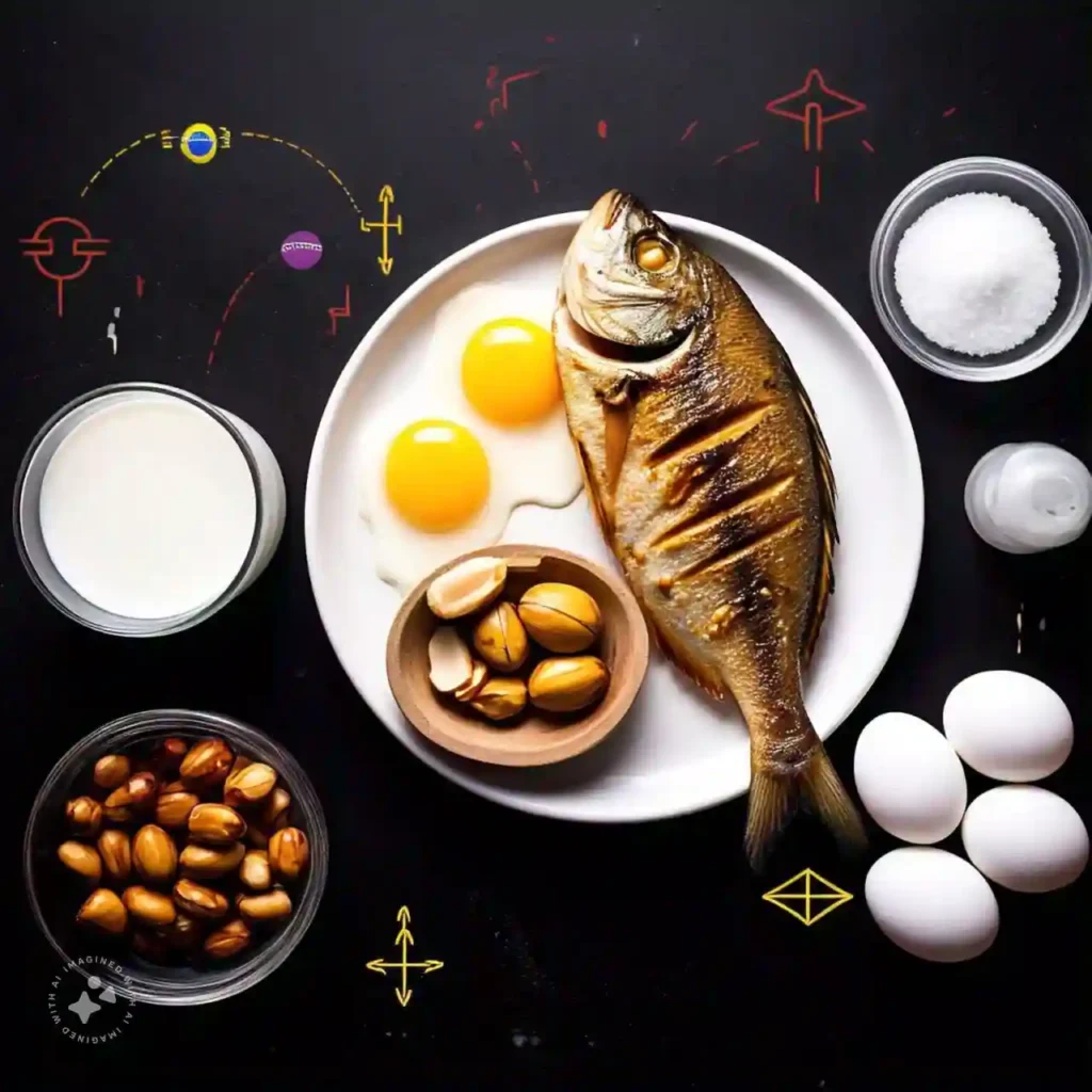 Healthy foods beneficial for managing hypothyroidism, including fish, milk, iodized salt, Brazil nuts, and eggs, displayed on a wooden table.