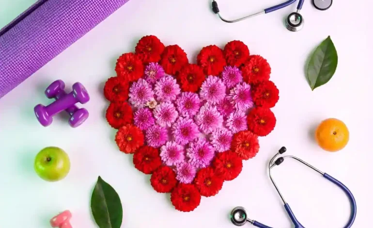 Heart surrounded by healthy foods and exercise equipment symbolizing heart disease prevention.