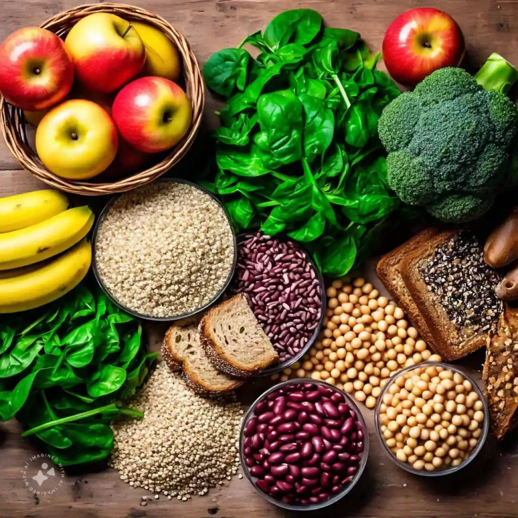 High-fiber foods including fruits, vegetables, whole grains, and legumes on a wooden table, promoting fiber for digestive health.