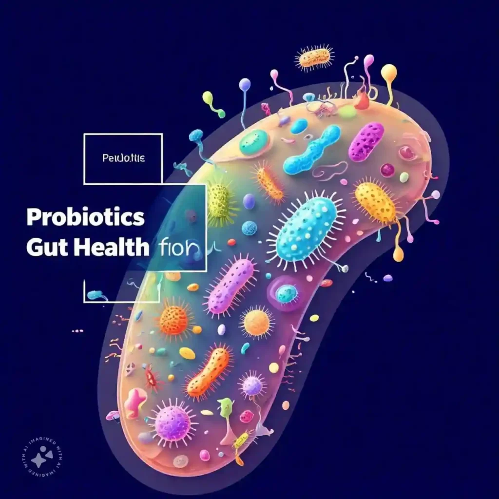 Illustrated diagram of gut microbiome with beneficial bacteria interacting with gut lining, labeled 'Probiotics for Gut Health.