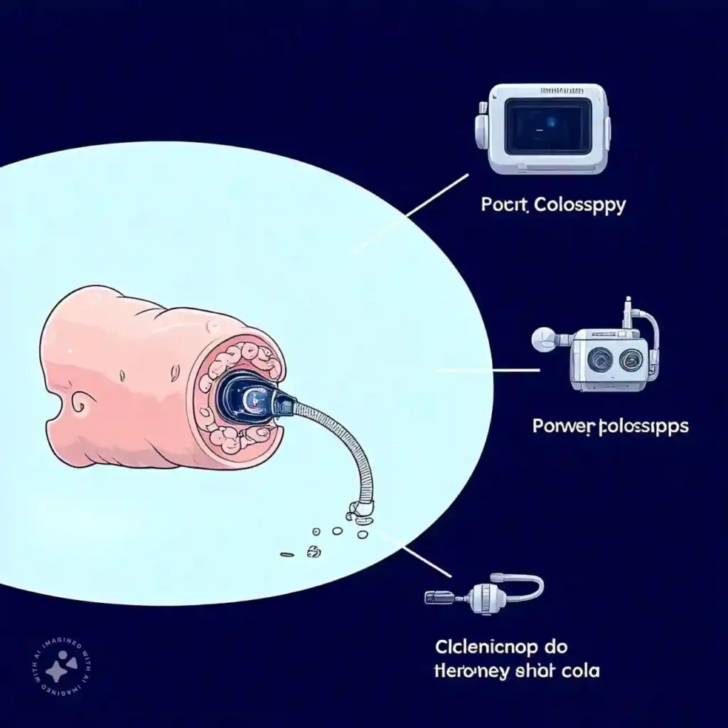 Illustration of a colonoscopy procedure showing the removal of polyps, highlighting the preventive benefits of colonoscopies.