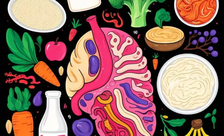 Illustration of a healthy gut surrounded by colorful foods, including fruits, vegetables, yogurt, and grains, symbolizing a balanced gut microbiome.