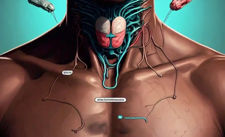 Illustration of a human neck with a highlighted thyroid gland, symbolizing hyperthyroidism and its effects.