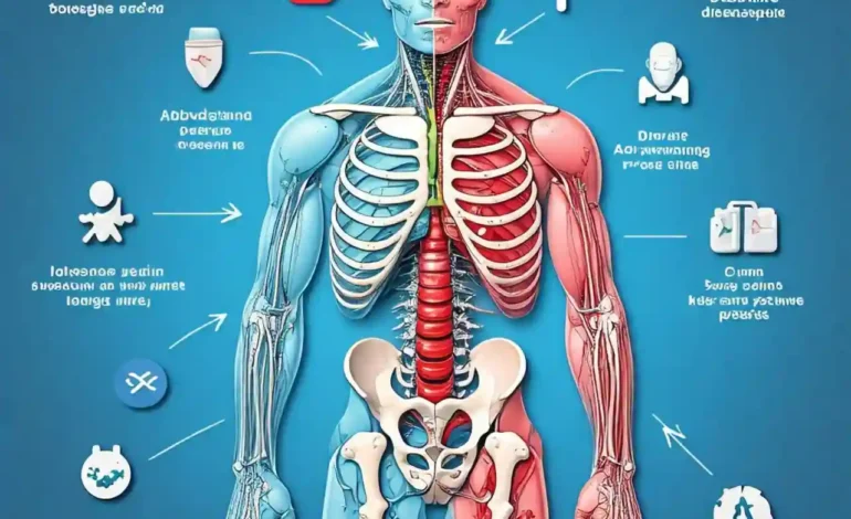 Illustration of the digestive system highlighting inflamed areas typical of Crohn's disease, with icons representing symptoms and treatments.