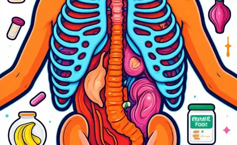 Illustration of the human gut with icons of antibiotics, probiotics, and healthy foods, symbolizing the impact of antibiotics for gut health and recovery methods.