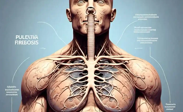 Illustration of the human respiratory system with lungs showing scarring patterns caused by pulmonary fibrosis, set against a soft blue gradient background