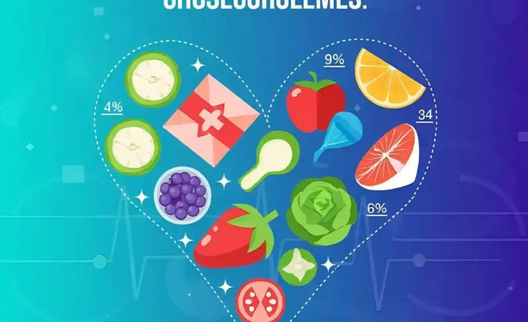 Illustration showing healthy foods, exercise, and heart health symbols representing cholesterol management.