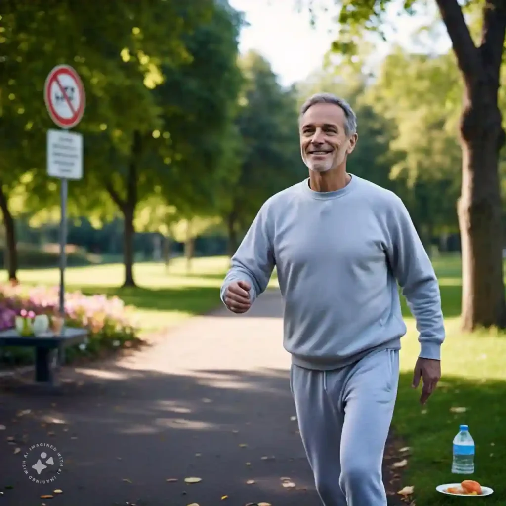 Person exercising in a park with icons of healthy habits to manage pulmonary fibrosis.