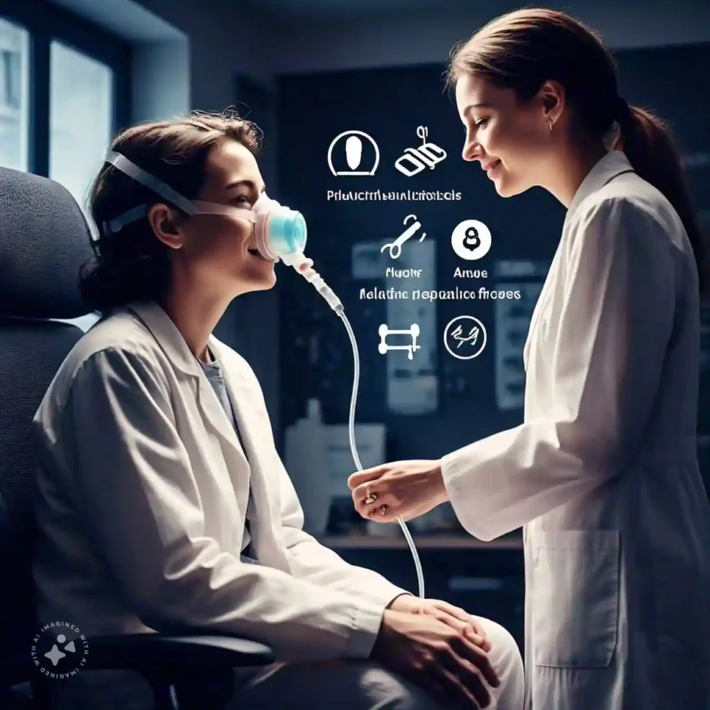 Person receiving oxygen therapy alongside symbols of other pulmonary fibrosis treatments.