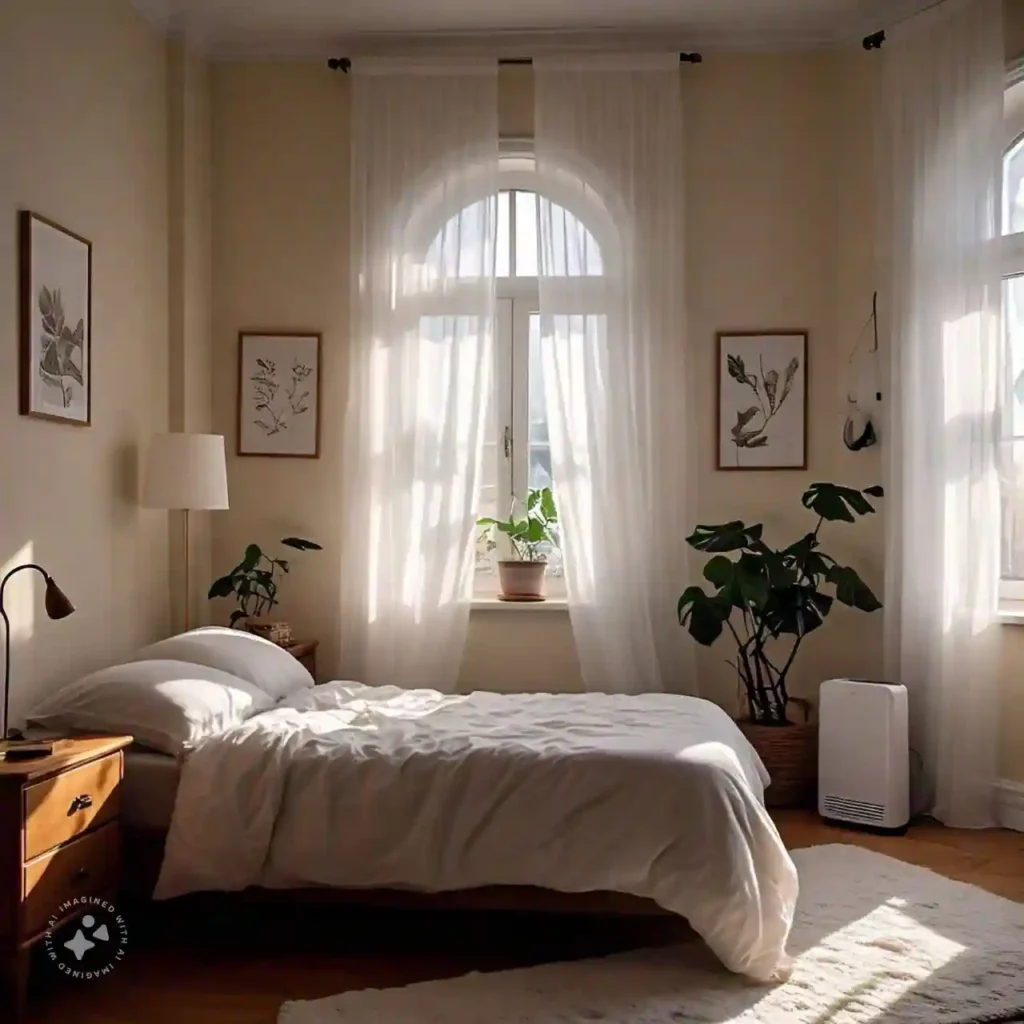 Improve indoor air quality in a bright bedroom with open windows, an air purifier, and houseplants.