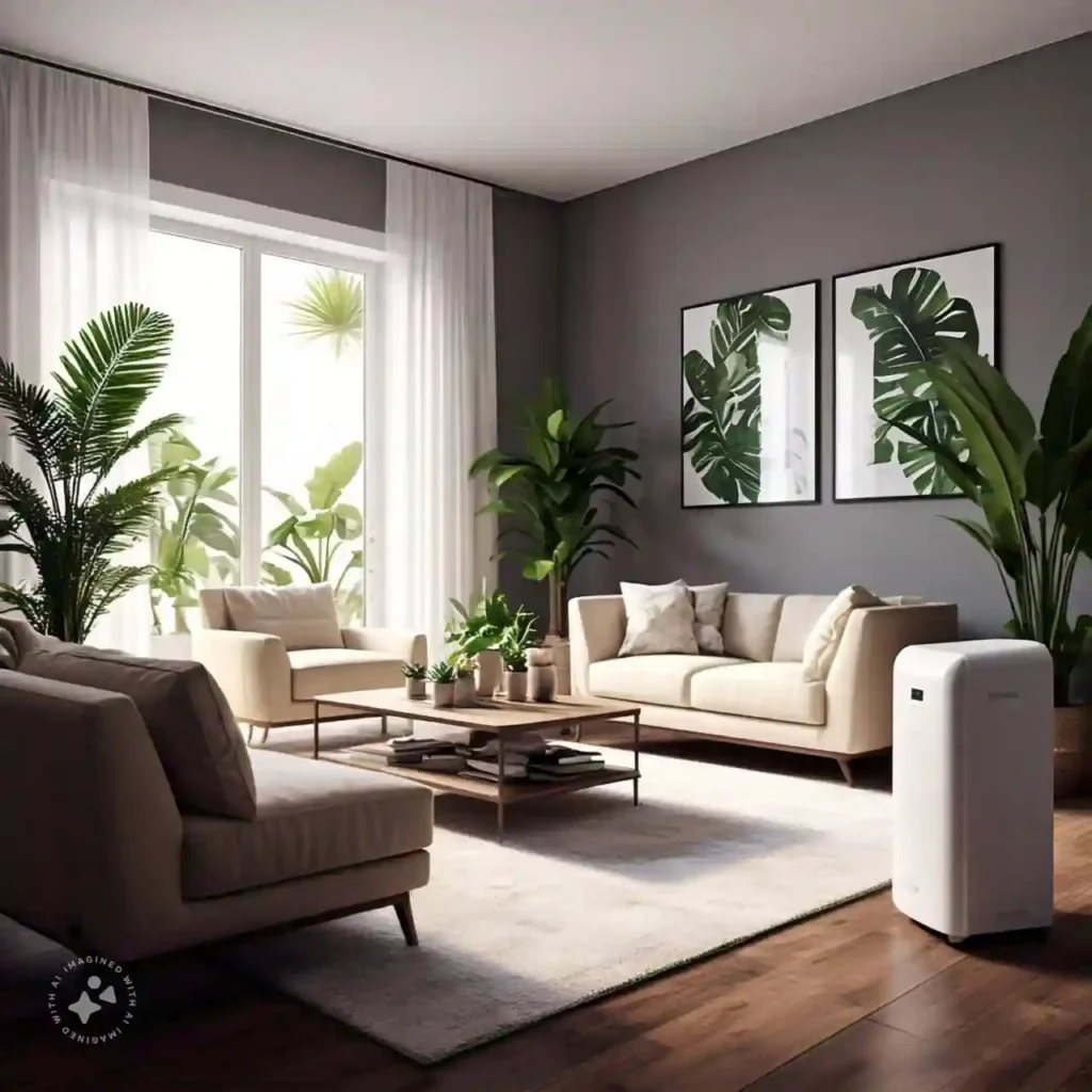 Improve indoor air quality in a modern living room with a dehumidifier and houseplants.