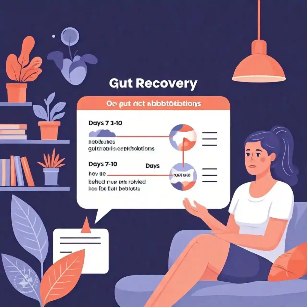 Infographic showing the process of gut recovery after antibiotics for gut health, highlighting probiotics, prebiotics, and hydration.
