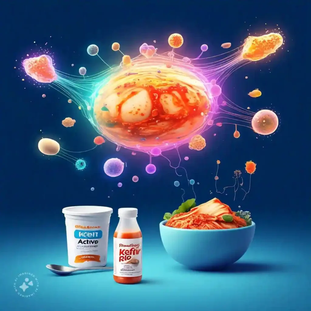 Infographic-style image of probiotics like yogurt, kefir, and kimchi, illustrating their positive impact on gut health.