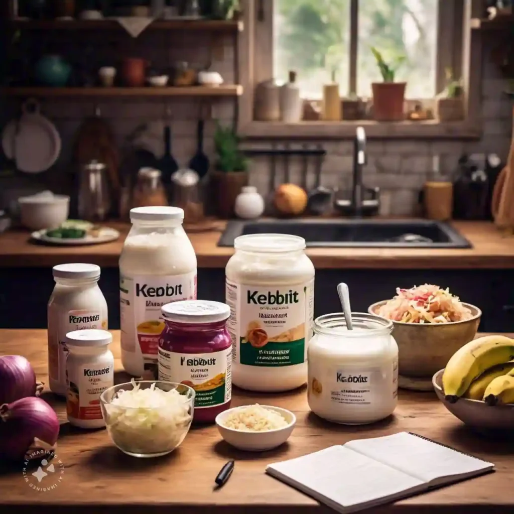 Kitchen table with probiotic-rich yogurt, kefir, sauerkraut, and prebiotic foods like bananas and onions, emphasizing their importance for gut health recovery after antibiotics for gut health.