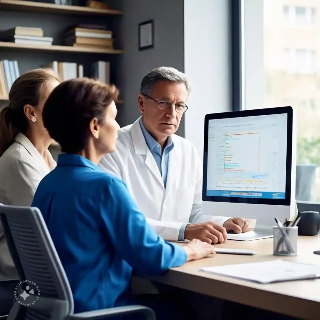 Middle-aged couple consulting with a doctor about hormone test results on a screen, focusing on personalized health benefits through Regular Hormone Testing.