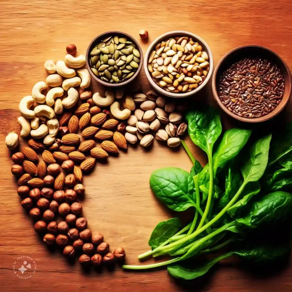Nuts, seeds, and leafy greens like spinach, promoting stress management and supporting a diet for hormonal health.