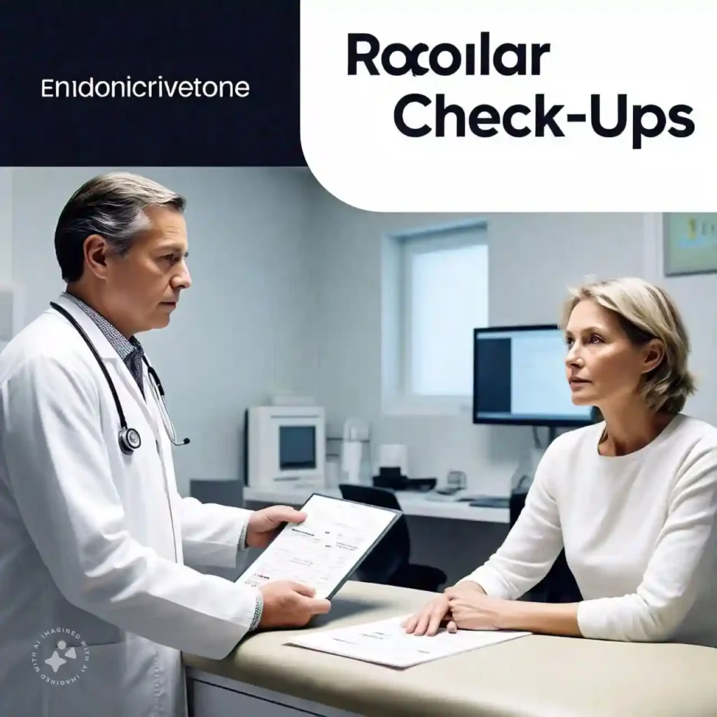 Patient and endocrinologist discussing hormone health with a chart, emphasizing the importance of Regular Endocrine Check-Ups in monitoring hormone levels.
