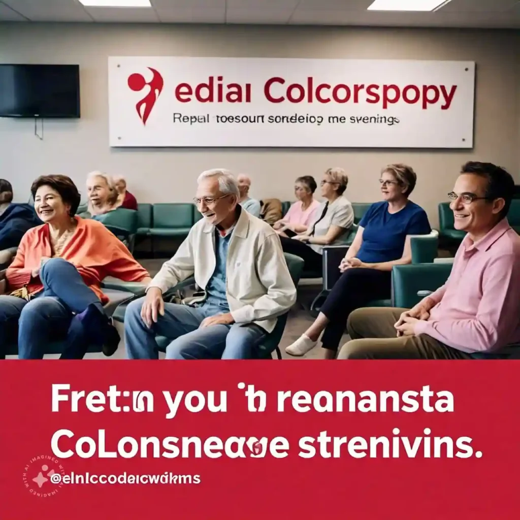 Patients in a clinic waiting room with a banner promoting regular colonoscopy screenings, emphasizing the importance of colonoscopies for health awareness.