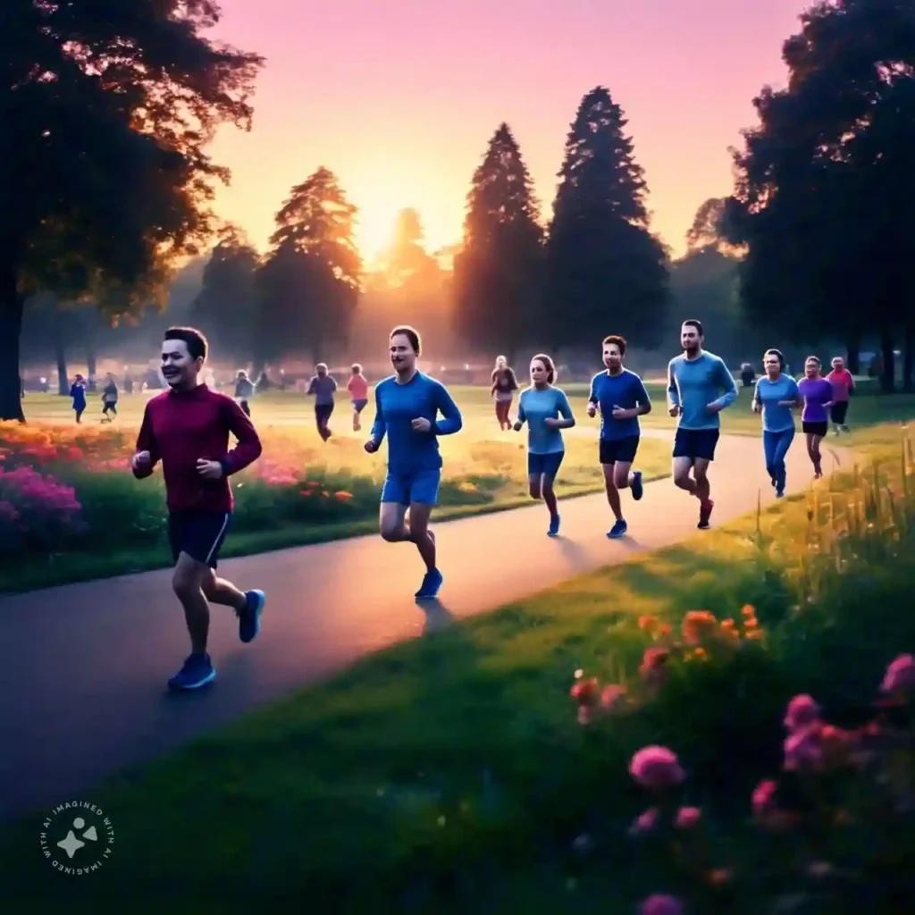 People jogging in a park at sunrise, highlighting how regular exercise helps reduce the risk of mental health issues.