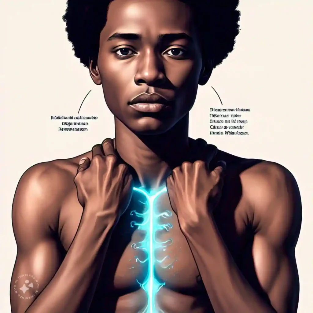 Person holding their neck with a glowing thyroid gland, representing hyperthyroidism and its symptoms.