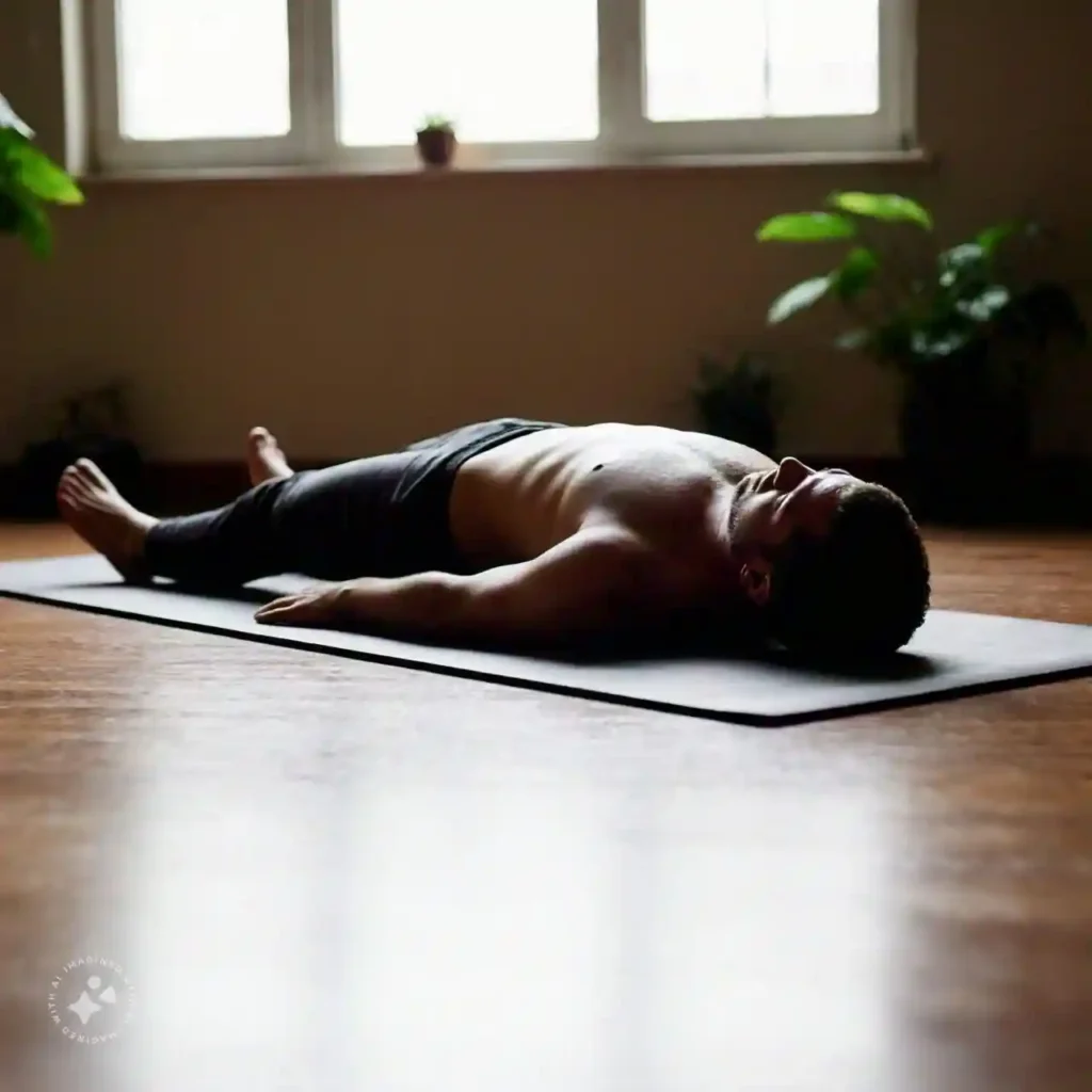 Person in Savasana pose in a calming room, symbolizing stress relief and relaxation for Yoga for Heart Health.