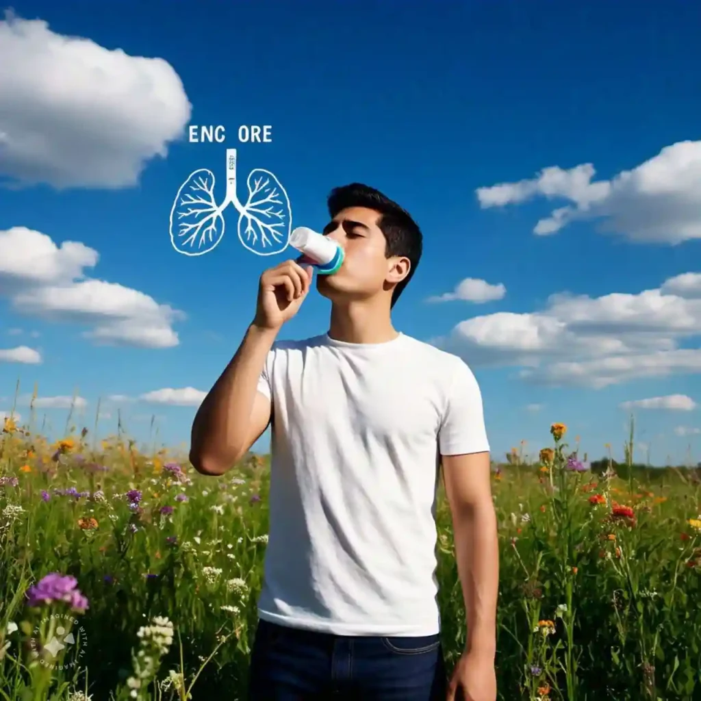 Person with asthma using an inhaler, illustrating how genetics impact respiratory health, including asthma management.