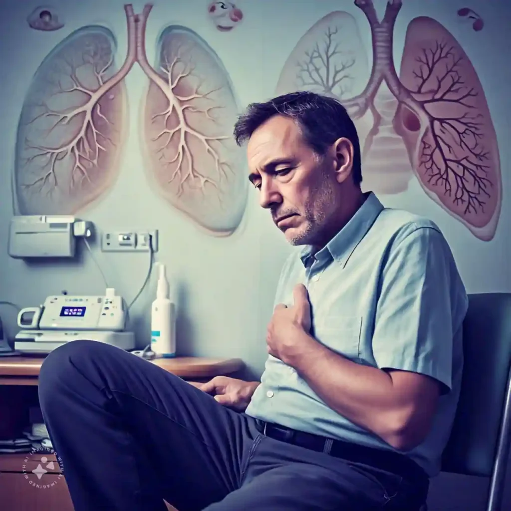 A person experiencing symptoms of pulmonary fibrosis, like shortness of breath and fatigue