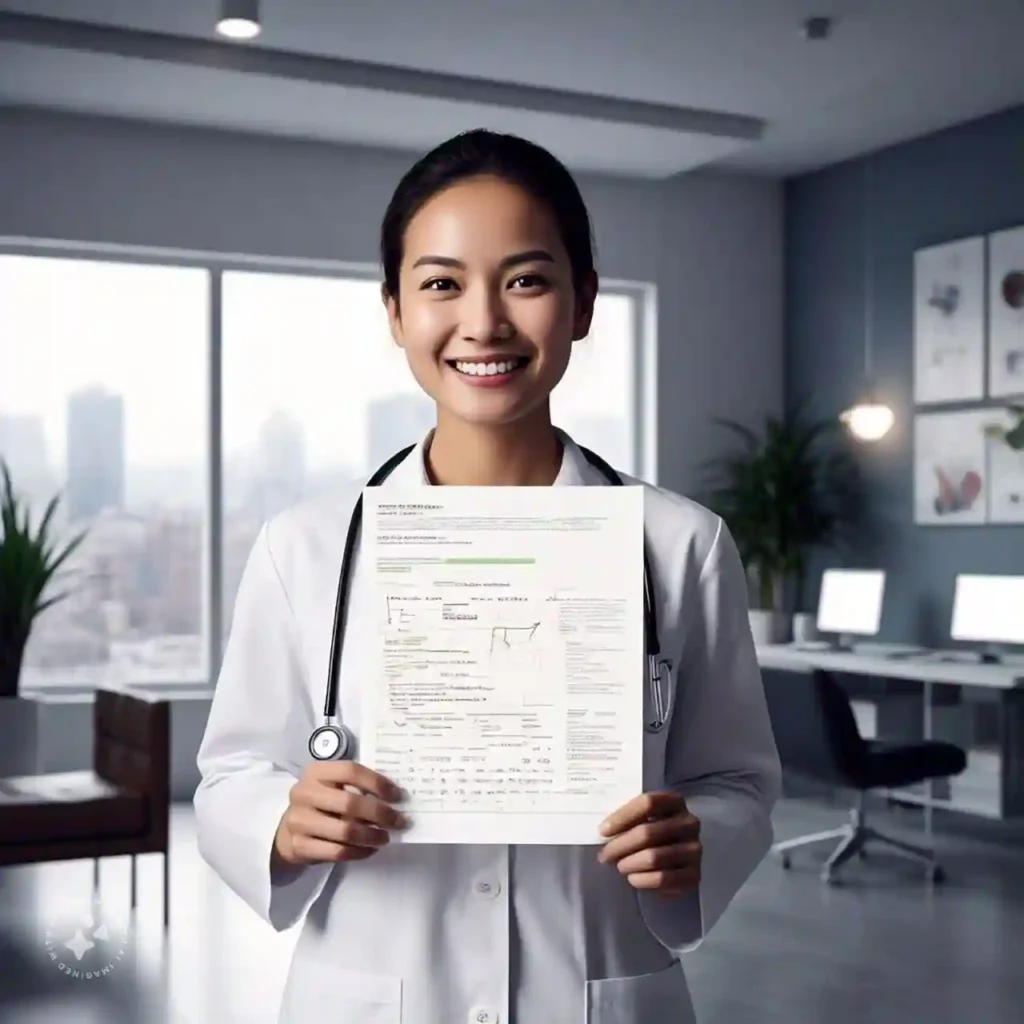 Smiling woman holding hormone test results in a professional clinic, emphasizing the benefits of Regular Hormone Testing for health monitoring.