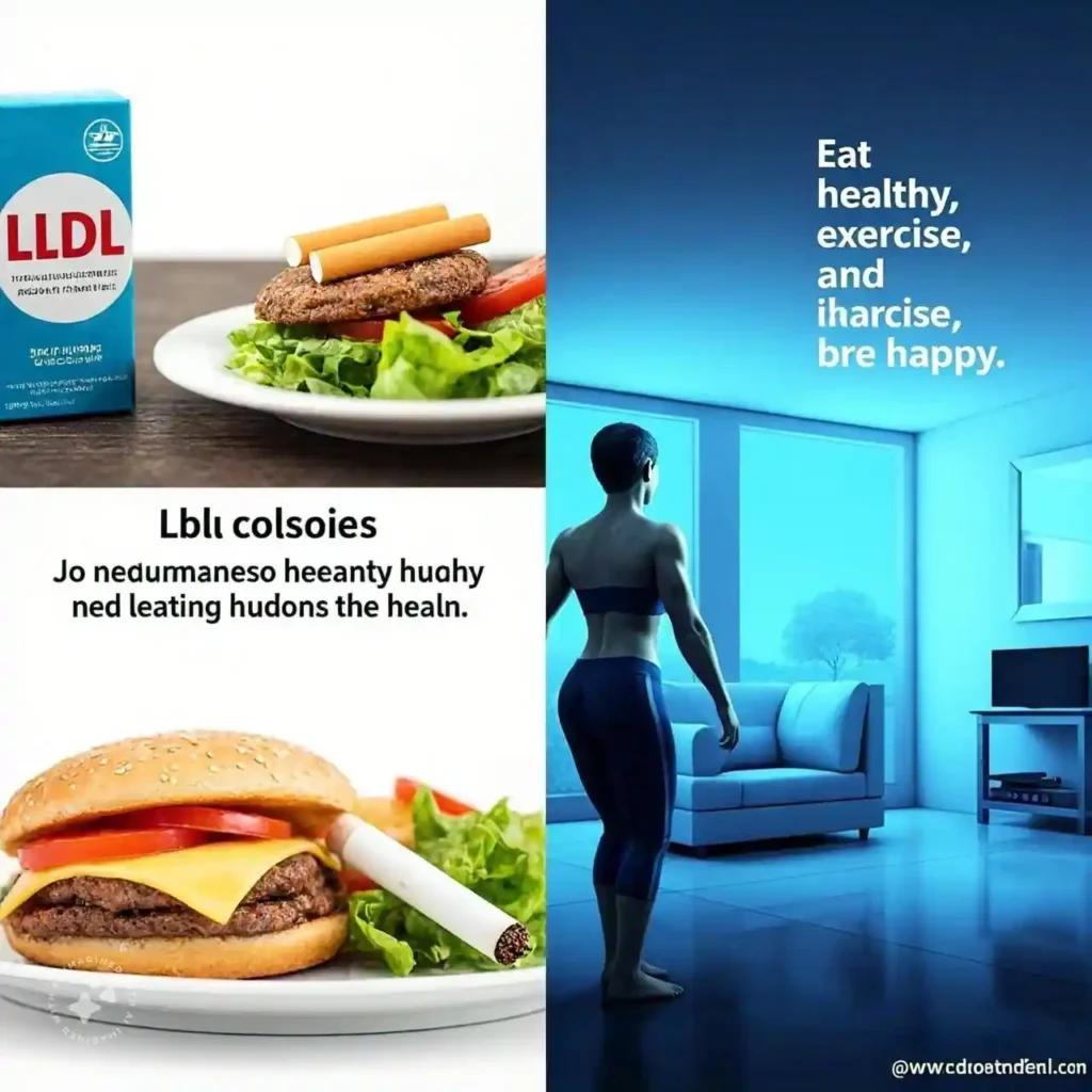 Split image showing the contrast between unhealthy habits like fast food and smoking, and healthy habits such as exercise and balanced nutrition for managing high cholesterol.