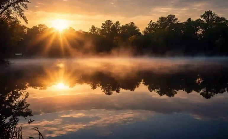 Sunrise over a quiet lake with soft mist, symbolizing hope and renewal after grief and loss.