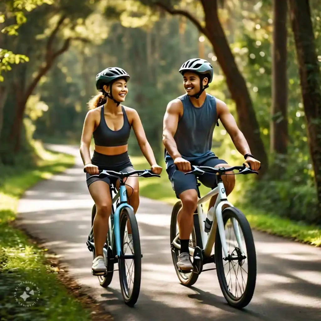 Two people cycling on a scenic country trail under a clear sky, illustrating how Physical Activity for Heart Health supports fitness.