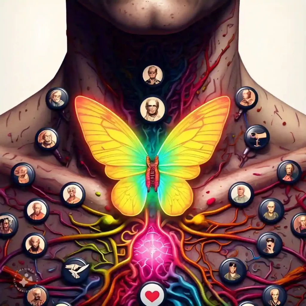 Visual representation of the thyroid gland in the human neck with icons of tiredness, weight gain, and cold sensitivity to signify hypothyroidism symptoms.