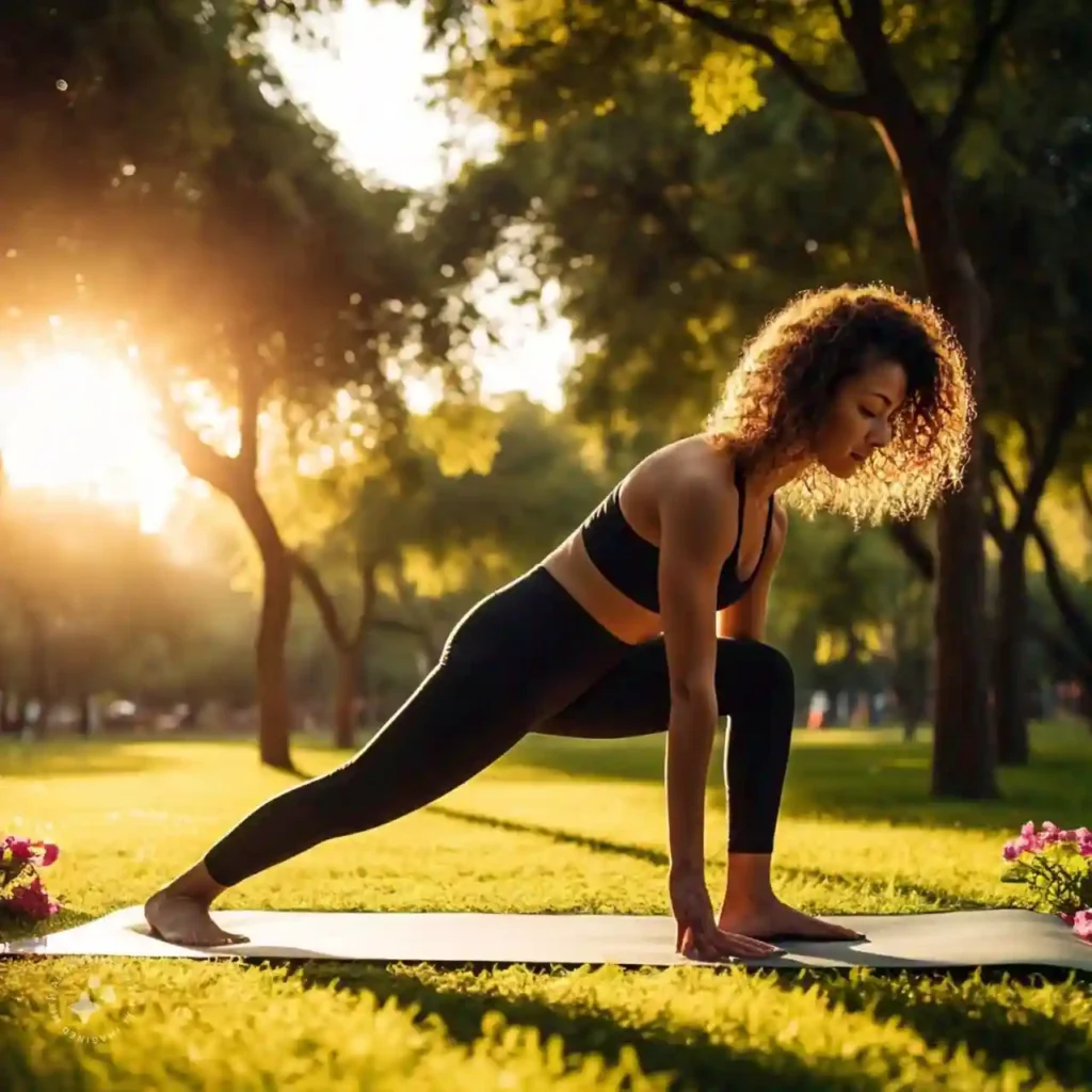 Woman practicing yoga in a sunlit park, surrounded by trees, demonstrating the stress-reducing benefits of physical activity for mental health.